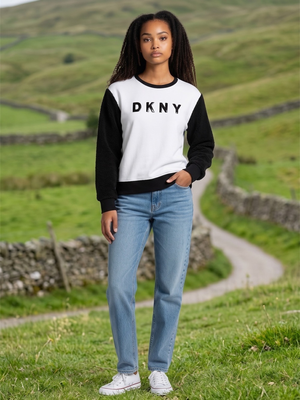 DKNY Black White Colorblock Logo Sherpa Sleeve Sweater Size L